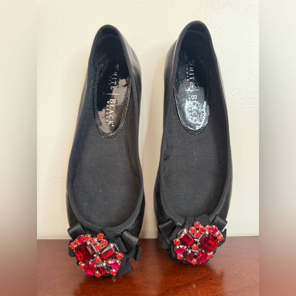 White House Black Market Black Leather Flats with Red jeweled accents size 8